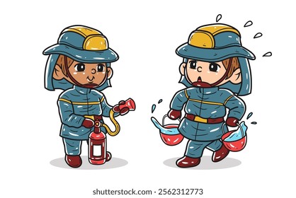 Firefighter children are in action in putting out fires vector illustration