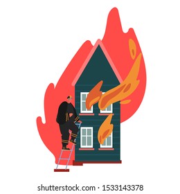 Firefighter Climbing the Ladder to Burning House. Fireman in Uniform, Fire Department Rescuer Concept of Equipment Set, Hydrant, Extinguisher. Cartoon Vector Illustration 