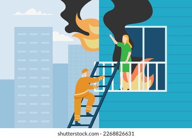 Escalera de escalada de bomberos rescatando a la mujer en el edificio de alta altitud concepto de ilustración 2d vectorial para banner, sitio web, ilustración, página de aterrizaje, volante, etc.