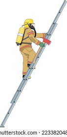 Firefighter Climbing Ladder Vector Illustration