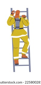 Firefighter climbing on ladder, isolated emergency service worker helping to put out and extinguish fire. Professional man in suit and protective helmet helping with disaster. Vector in flat style