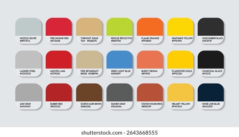 Firefighter Color Palette – Firefighter catalog sample Themed Color Swatch Guide with HEX Codes. Firefighter Services Professions Color Palette featuring multi shades inspired and building fire