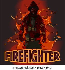 Firefighter coming out of flames. Firefighter with blazing eyes