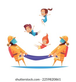 Firefighter composition with flat view of fire situation with firemen crew equipment and uniform vector illustration