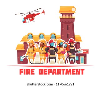 Composición de los bomberos con texto e imágenes planas del edificio de la estación de bomberos y el helicóptero con caracteres humanos ilustración vectorial