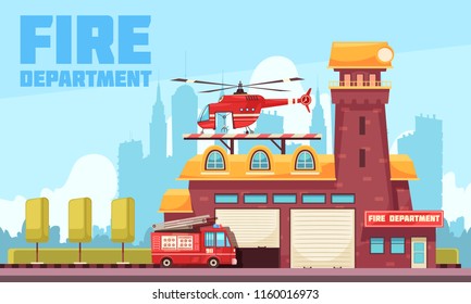 Firefighter composition with text and outdoor urban landscape with fire station building and fire appliance vehicles vector illustration