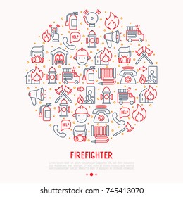 Firefighter concept in circle with thin line icons: fire, extinguisher, axes, hose, hydrant. Modern vector illustration for banner, web page, print media.