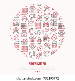 Firefighter concept in circle with thin line icons: fire, extinguisher, axes, hose, hydrant. Modern vector illustration for banner, web page, print media.