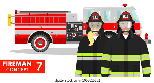 Firefighter concept. Detailed illustration of fireman and firewoman in uniform standing together near fire truck in flat style on white background. Vector illustration.
