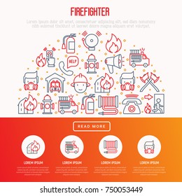 Firefighter concept in half circle with thin line icons: fire, extinguisher, axes, hose, hydrant. Modern vector illustration for banner, web page, print media.