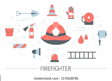 Firefighter concept. Idea of emergency and protection from danger. Set of fireman equipment. Flat vector illustration