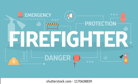 Firefighter concept. Idea of emergency and protection from danger. Set of fireman equipment. Flat vector illustration