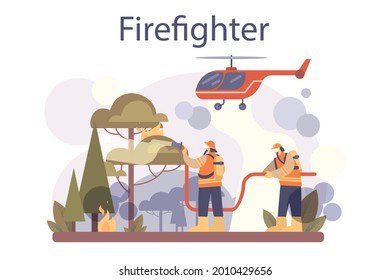 Firefighter concept. Professional fire brigade fighting with flame. Character wearing a helmet and uniform holding a hydrant hose, watering wildfire or house fire. Flat vector illustration