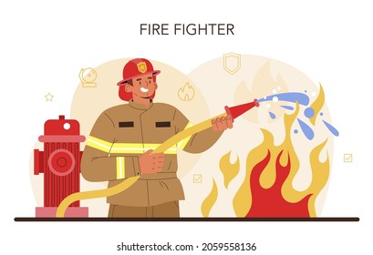 Firefighter concept. Professional fire brigade fighting with flame. Fire department worker wearing a helmet and uniform holding a hydrant hose, watering fire. Flat vector illustration