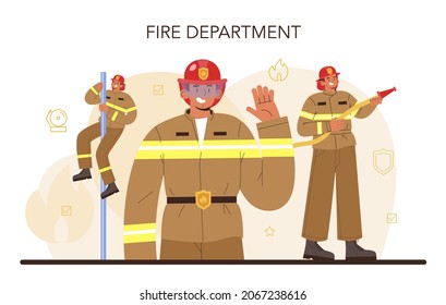 Firefighter concept. Professional fire brigade fighting with flame. Fire department worker wearing a helmet and uniform holding a hydrant hose, watering fire. Flat vector illustration