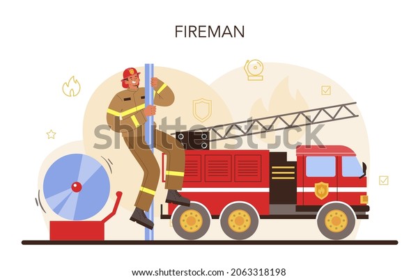Firefighter\
concept. Professional fire brigade fighting with flame. Fire\
department worker wearing a helmet and uniform holding a hydrant\
hose, watering fire. Flat vector\
illustration