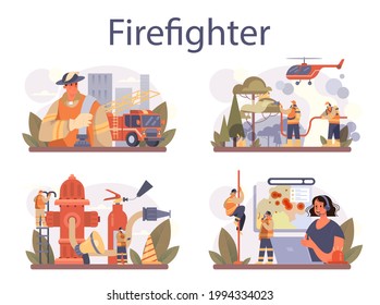 Conjunto de conceptos de bomberos. Cuerpo de bomberos profesional luchando con llama. Personaje con casco y uniforme con una manguera hidrante, fuego de agua o fuego en la casa. Ilustración vectorial plana