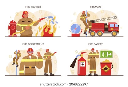 Firefighter concept set. Professional fire brigade fighting with flame. Fire department worker wearing a helmet and uniform holding a hydrant hose, watering fire. Flat vector illustration