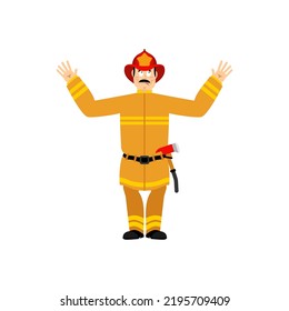 Firefighter confused. Fireman is perplexed emotions. man surprise.
