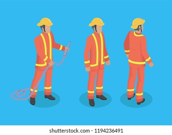 Firefighter construction set of men wearing special protective uniform. Male with firehose with helmet on head. Brigade of firemen isolated on vector