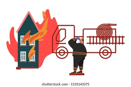 Firefighter Coordingating the Rescuing of Burning House. Fireman in Uniform, Fire Department Rescuer Concept of Equipment Set, Hydrant, Fire truck, Extinguisher. Cartoon Vector Illustration 