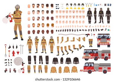 Firefighter creation set or DIY kit. Bundle of fireman body parts, facial expressions, protective clothing, equipment, fire engine isolated on white background. Flat cartoon vector illustration.