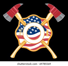 Firefighter Cross With Axes has an embedded flag with crossed axes behind it on a black background. Easy to edit and separate nine color illustration.