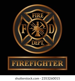 Firefighter Cross Logo Gold is a vector design of a classic Maltese cross firefighter symbol inside of a circular shape with a banner below with the text that says Firefighter in beautiful gold.