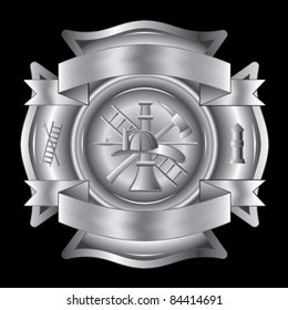 Firefighter Cross Silver is an illustration of a firefighter Maltese cross in silver with fireman tools including axe, hook, ladder, , hydrant, nozzle and firefighters helmet.