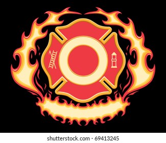 Firefighter Cross Symbol with Flaming Banner is a six spot color vector illustration on black background. Design elements are layered for easy editing and separating.