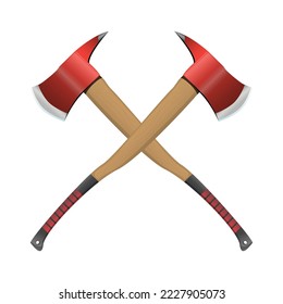 El bombero cruzó el hacha con un estilo realista. Red Hatchet. Equipo de rescate del bombero del hacha de fuego rojo. Cuadros de madera de metal con mango de madera. Ilustración vectorial colorida sobre un fondo blanco.