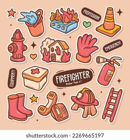 Feuerwehrhütte, Cute-Doodle-Vektoraufkleber-Kollektion 