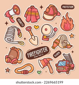 Firefighter Cute Doodle Vector Sticker Collection 