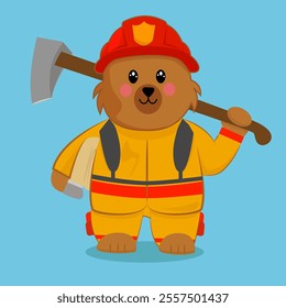 Firefighter cute tedy bear, Hand drawn firefighter bear cartoon illustration poster or template 