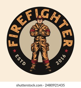 Firefighter department fireman standing wearing safety kit vintage logo