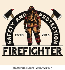 Firefighter department fireman standing wearing safety kit vintage logo