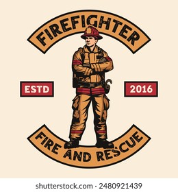 Firefighter department fireman standing wearing safety kit vintage logo