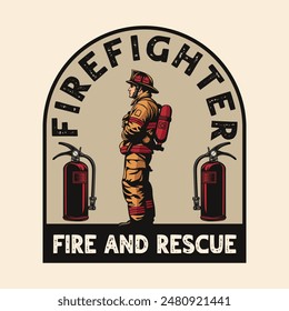 Firefighter department fireman standing wearing safety kit vintage logo