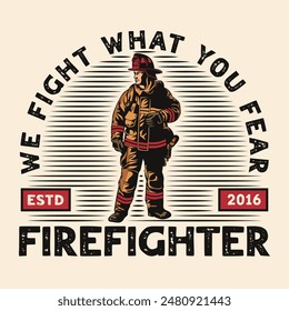 Firefighter department fireman standing wearing safety kit vintage logo