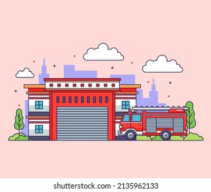 Firefighter department with firetruck flat illustration vector design