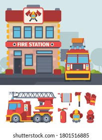 Firefighter department set. Specialized fire station with vehicle fleet protective gloves water column mask with respirator hydrant hose reel ax machine with ladder. Vector cartoon fireman.