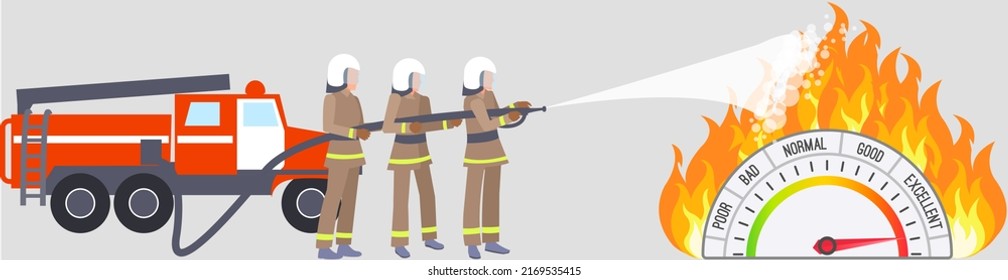 Firefighter department team group saving city from fire. Fireman in uniform rescue object put out with water. Emergency service put out flame concept. Illustration firefighter team, rescue character