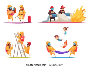 Firefighter design concept with flat compositions of fire situations with firemen crew with equipment and uniform vector illustration