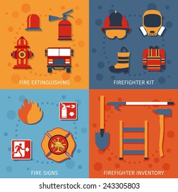 Firefighter design concept set with fire extinguishing inventory signs flat icons isolated vector illustration