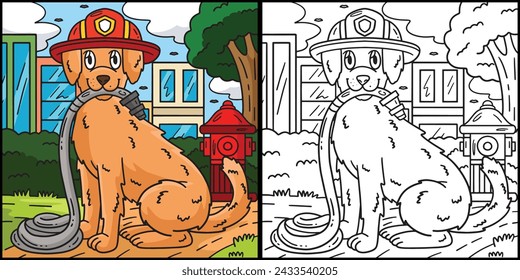 Firefighter Dog Coloring Page Colored Illustration