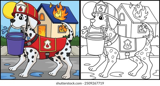 Firefighter Dog Coloring Page Colored Illustration