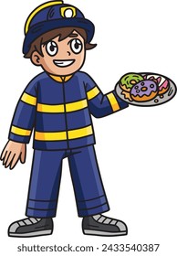 Firefighter with a Donut Cartoon Colored Clipart 