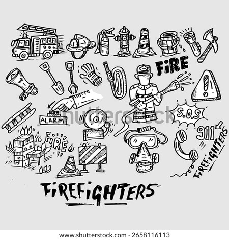 Firefighter doodle set and illustration vector