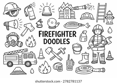 Firefighter doodles icon set background