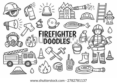 Firefighter doodles icon set background